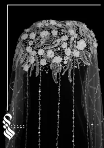 تور سر عروس شکوفه کد 636 با پنل‌های شکوفه، ارتفاع 190 سانتی‌متر و طراحی اروپایی