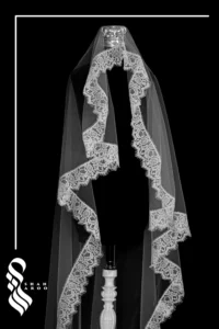 تور سر عروس دانتل کد 637 با ارتفاع 150 سانتی‌متر و لبه دوزی کار شده